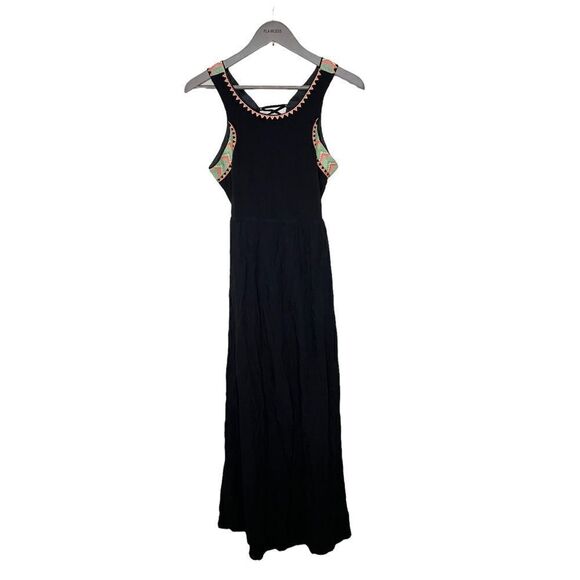 Lulumari Black Maxi Dress with open lace up back with multicolor boho print - Picture 1 of 6